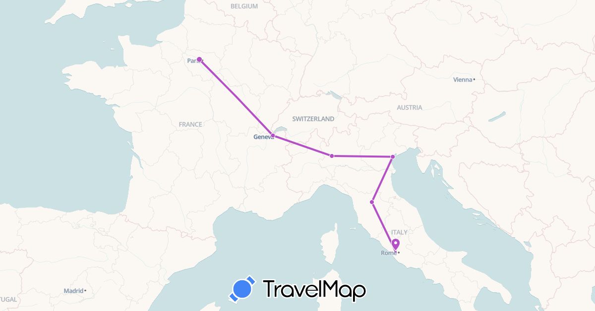 TravelMap itinerary: driving, train in Switzerland, France, Italy (Europe)